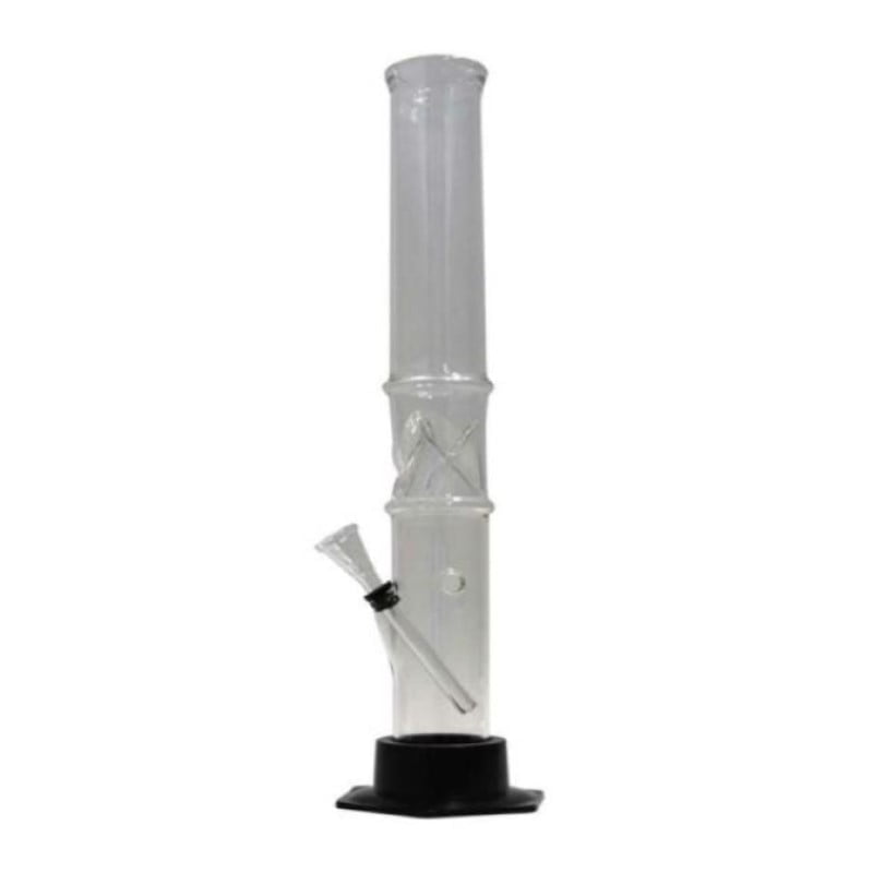 A 40cm Plain Glass Bong with a black base, designed for smoking accessories, showcasing a sleek and minimalist glass water pipe.