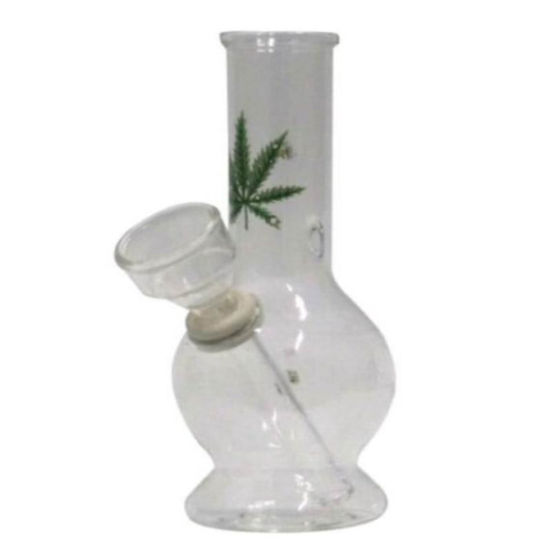 Photograph of a 12.5 cm small glass bong, a compact and portable smoking device often used for smoking cannabis or other herbs.
