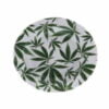 An image of a metal ashtray adorned with cannabis leaf designs, a stylish accessory for ash and butt disposal in a cannabis-themed setting.
