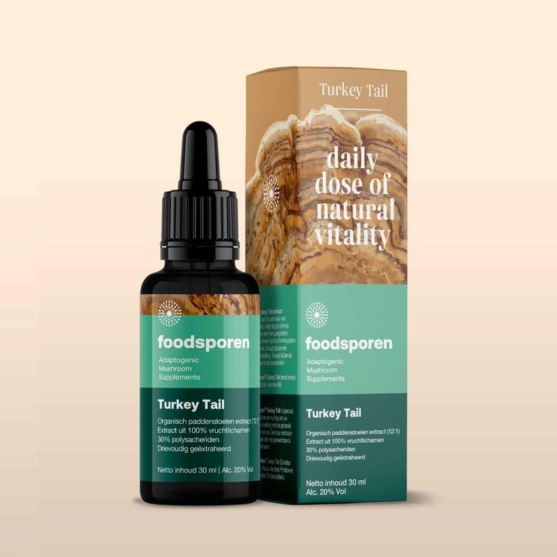 Photograph of Turkey Tail Tincture from Foodsporen, highlighting a liquid herbal extract with turkey tail mushrooms, known for their potential health benefits.