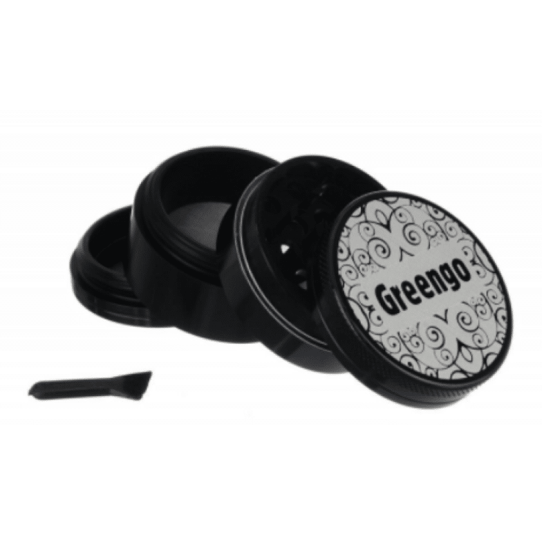 An image of the 'Greengo Grinder (Black) - 4 Parts,' a four-part grinder designed for breaking down dry herbs for a consistent texture.