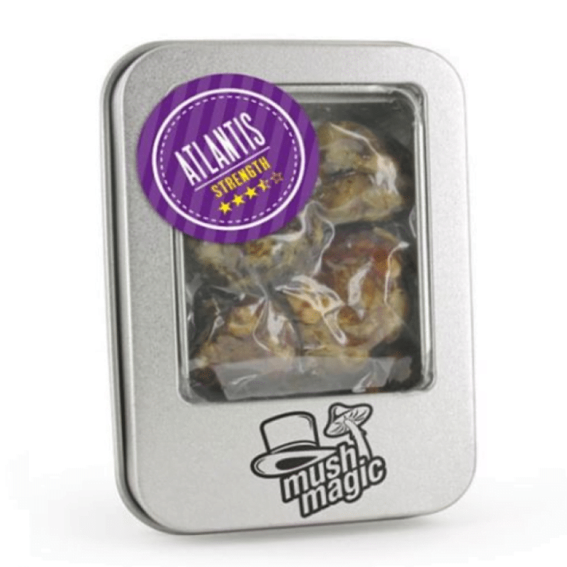 An image showcasing Magic Truffles Atlantis from Mush Magic, a product containing magic truffles, emphasizing the packaging and its potential for a psychedelic experience.