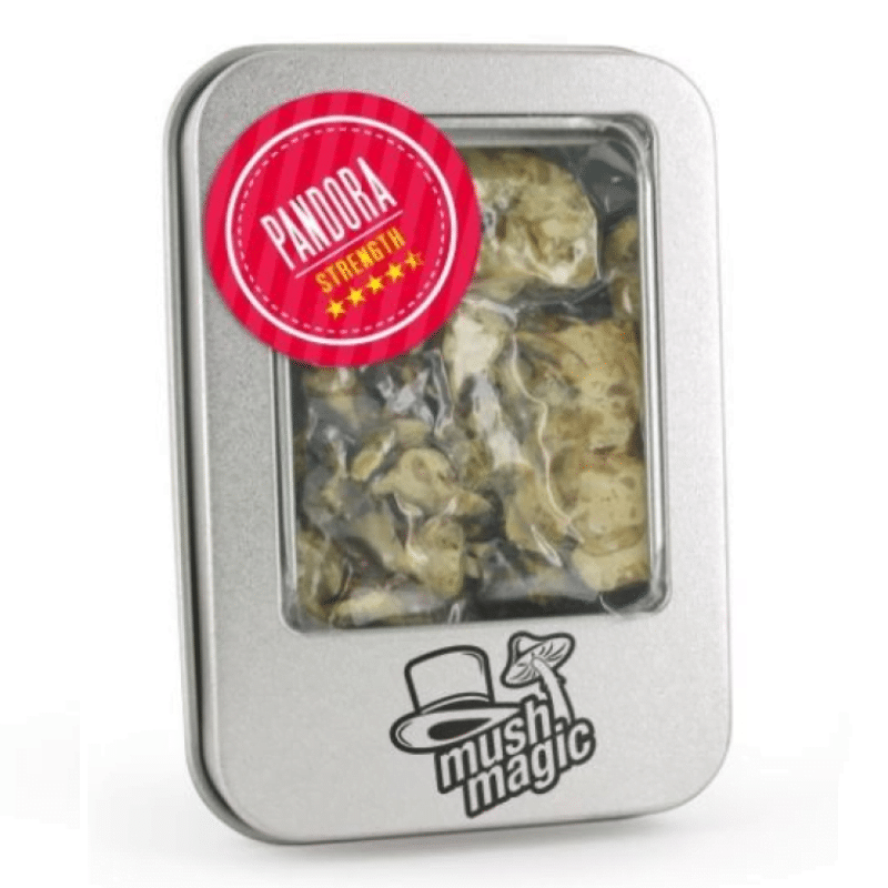 An image of Pandora Truffles from Mush Magic, a product containing magic truffles, emphasizing the packaging and its potential for a psychedelic experience.