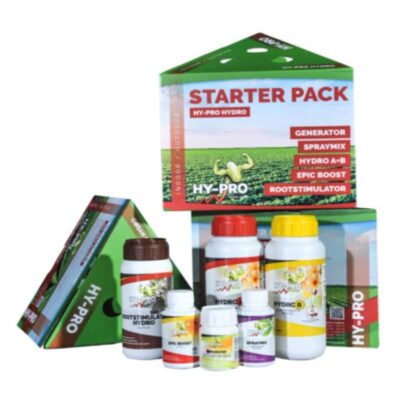 An image of the 'Hy-Pro Hydro A+B Starter Pack,' a comprehensive kit for hydroponic plant cultivation, offering essential nutrients and solutions for optimal growth.