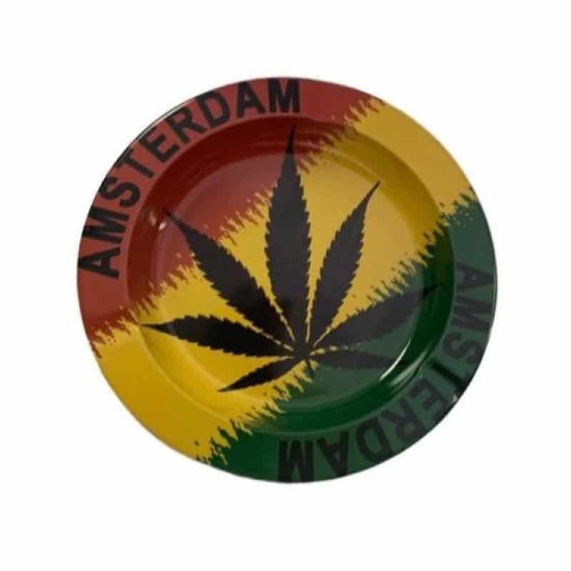 An image of a Rasta-themed ashtray featuring Amsterdam, a vibrant and culturally significant design for ash and butt disposal.