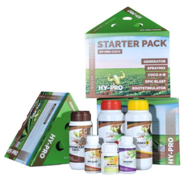 An image of the 'Hy-Pro Coco A+B Starter Pack,' a complete kit designed for cultivating plants in coco coir, providing essential nutrients and solutions for healthy growth.