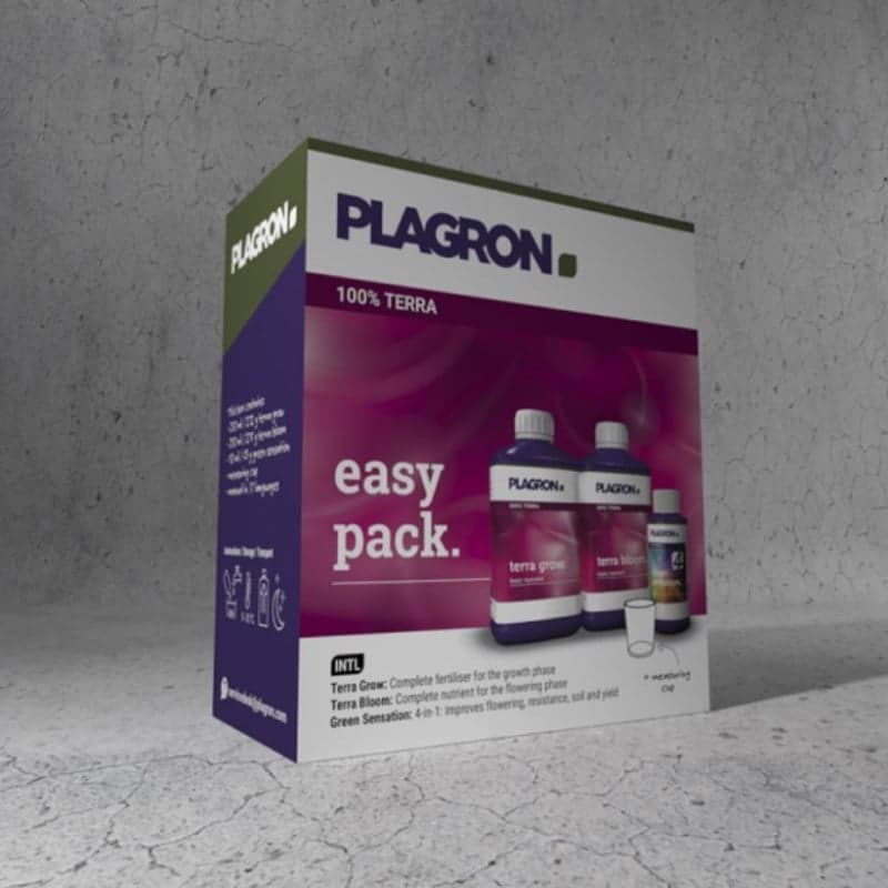 An image of the Plagron Terra Grow (Easy Pack), a convenient and all-in-one plant nutrient kit for the vegetative growth phase, featuring the product packaging and its components.