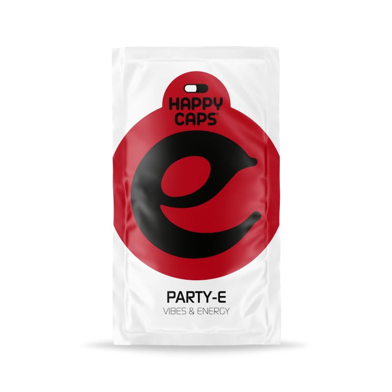 An image of 'Happy Caps Party E,' a product often associated with mood enhancement and potential cognitive effects, commonly used for social settings.