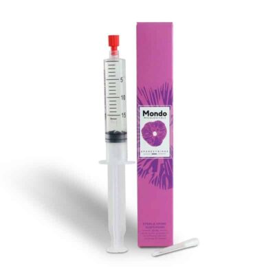 An image of a Mushroom Spore Syringe from Mondo, a tool used in mushroom cultivation, emphasizing the syringe's packaging and its role in spore inoculation.