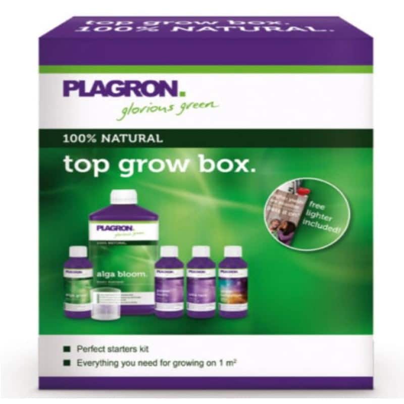 A visual representation of the Top Grow Box (100% Natural) by Plagron, a complete plant cultivation kit emphasizing the product packaging and its components.
