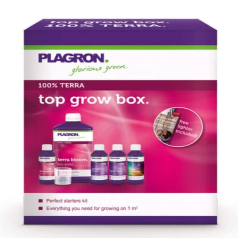 An image of the Plagron Top Grow Box Terra (100%), a complete grow kit for soil cultivation, highlighting the package and its contents for successful plant growth.
