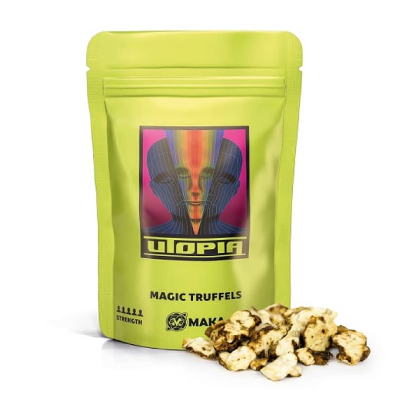 An image showcasing 'Utopia Truffles from Maka Psilocybe,' a product known for its psychedelic properties and potential therapeutic effects.