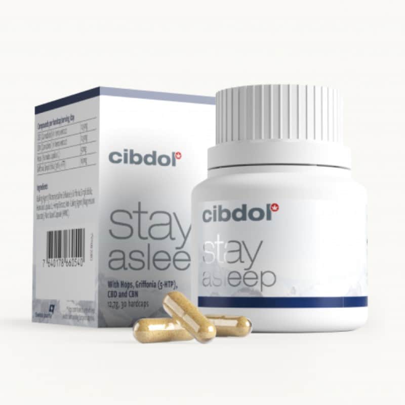 Image of Cibdol Stay Asleep Capsules, a dietary supplement designed to support a restful night's sleep, containing CBD and other natural ingredients.