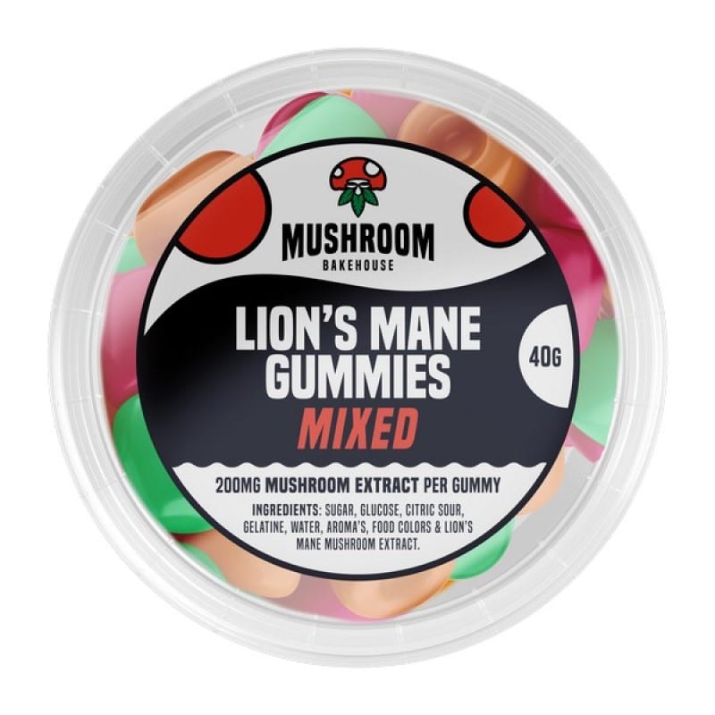 An image of Lion's Mane Gummies from Mushroom Bakehouse, a dietary product made with Lion's Mane mushrooms, showcasing the product packaging and its potential benefits.