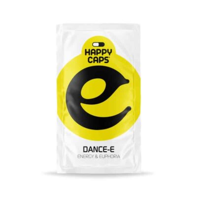 An image featuring 'Dance E from Happy Caps,' a product commonly associated with mood enhancement and potential cognitive effects, often used for dancing and social activities.