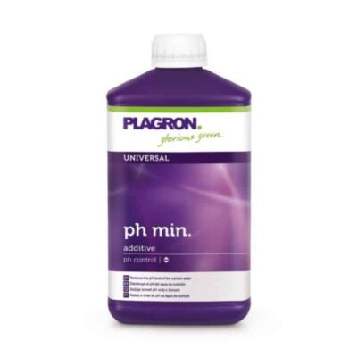 An image of Plagron PH Min, a pH-regulating product for plants, highlighting the packaging and its role in maintaining optimal pH levels for healthy plant growth.