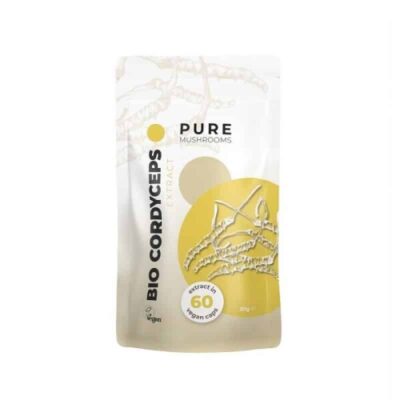 An image of Organic Cordyceps Capsules from Pure Mushrooms, featuring a package with a label, representing a natural and organic dietary supplement made from Cordyceps mushrooms.