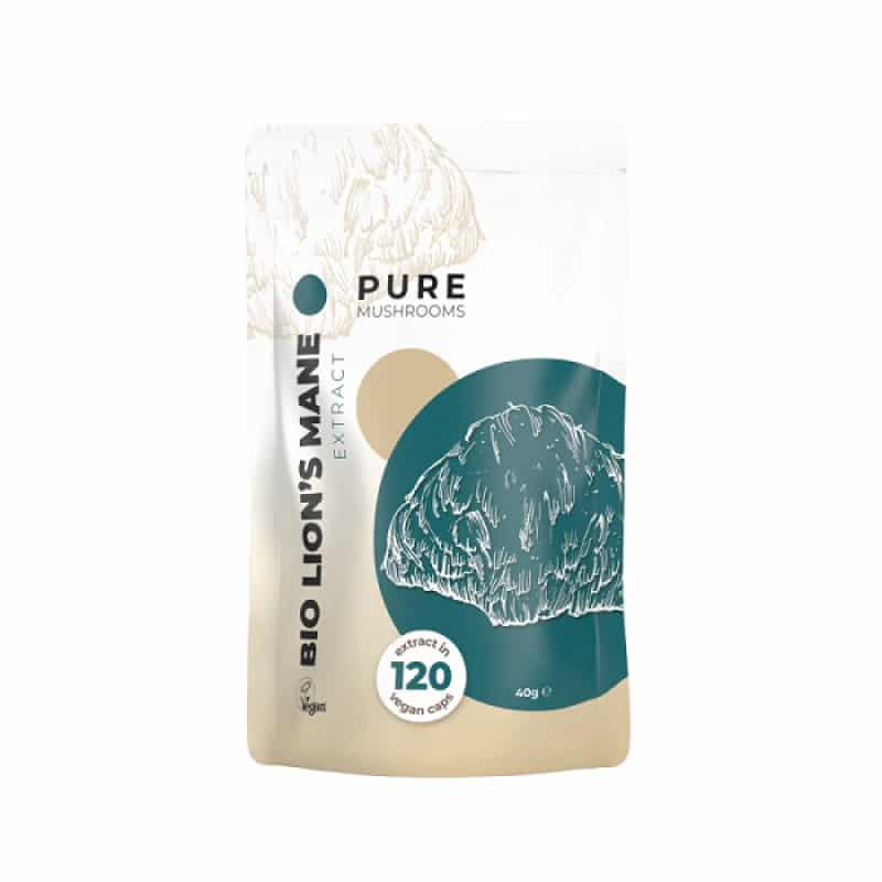 An image of Organic Lion's Mane Capsules from Pure Mushrooms, featuring a package with a label, representing a natural and organic dietary supplement.
