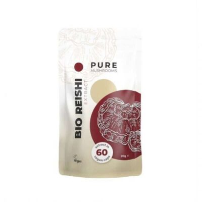 A product image of Organic Reishi Mushroom Capsules from Pure Mushrooms, showcasing a package with a label, representing a natural and organic dietary supplement.