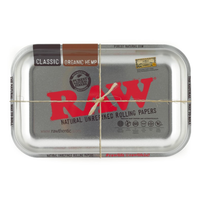 RAW Metallic Silver Rolling Tray: A glossy and durable rolling tray from RAW for a streamlined and organized smoking experience.