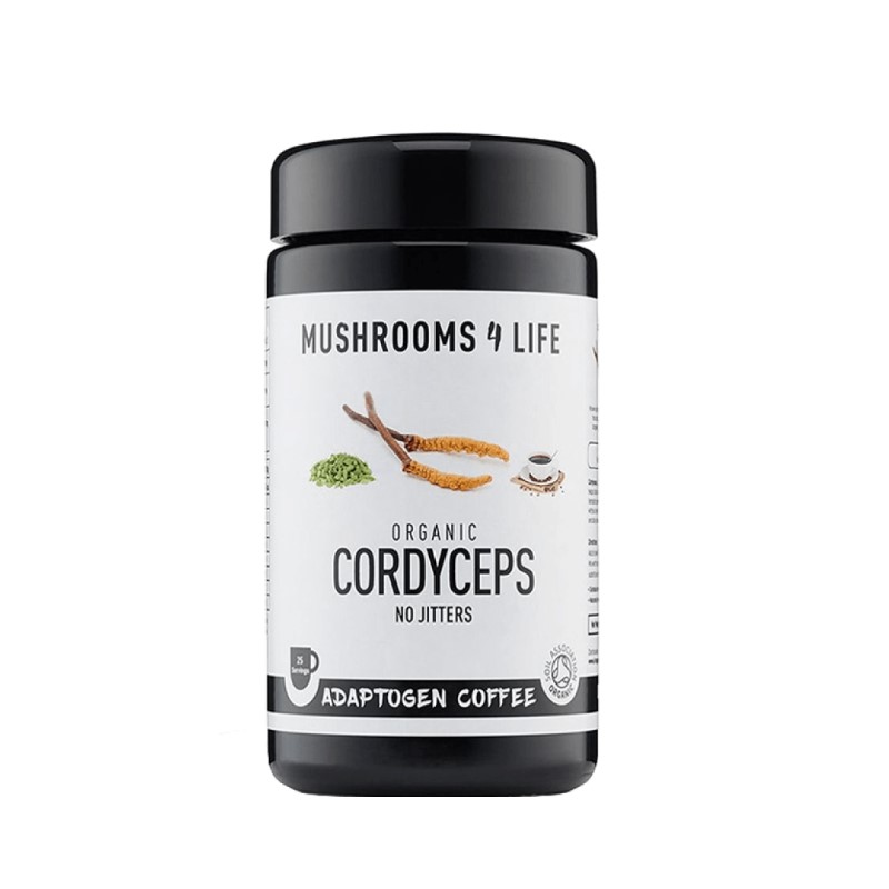 The packaging of Cordyceps Power Coffee from Mushrooms4Life, containing 60 grams.