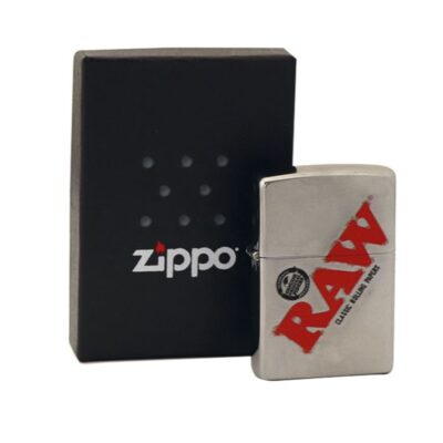 A Zippo lighter in collaboration with the brand RAW silver coloured